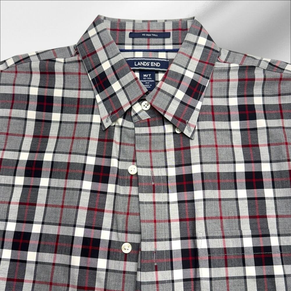 LANDS END Men’s MEDIUM TALL Gray Black Plaid Dress Shirt